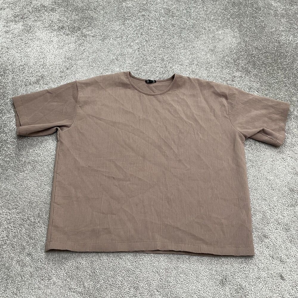 Boohoo Man Ribbed Knit Relaxed Fit Shirt Mens Large Brown Crew Neck Stretch Top